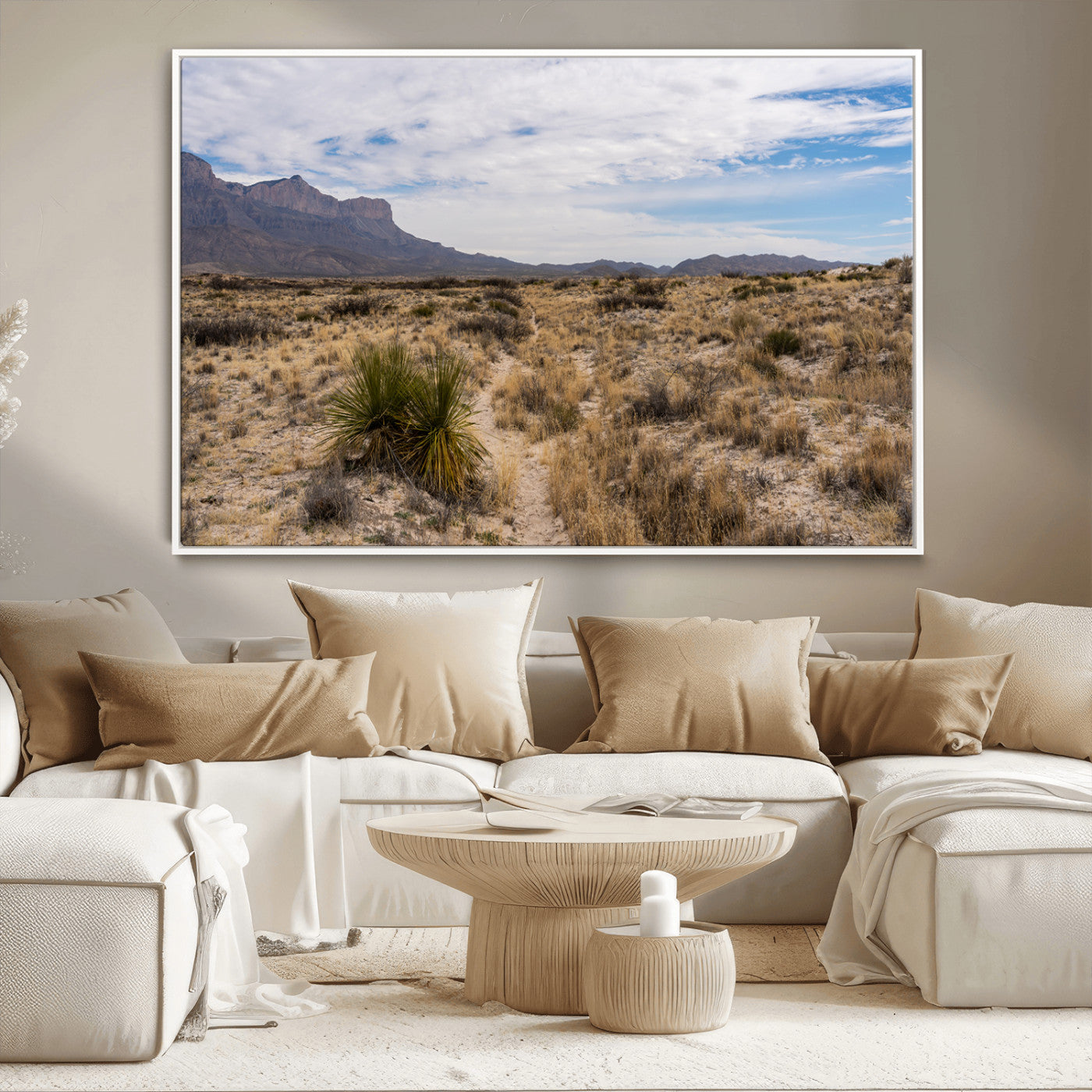 A scenic desert landscape with dry grasses, scattered shrubs, and a distant mountain range under a partly cloudy blue sky.