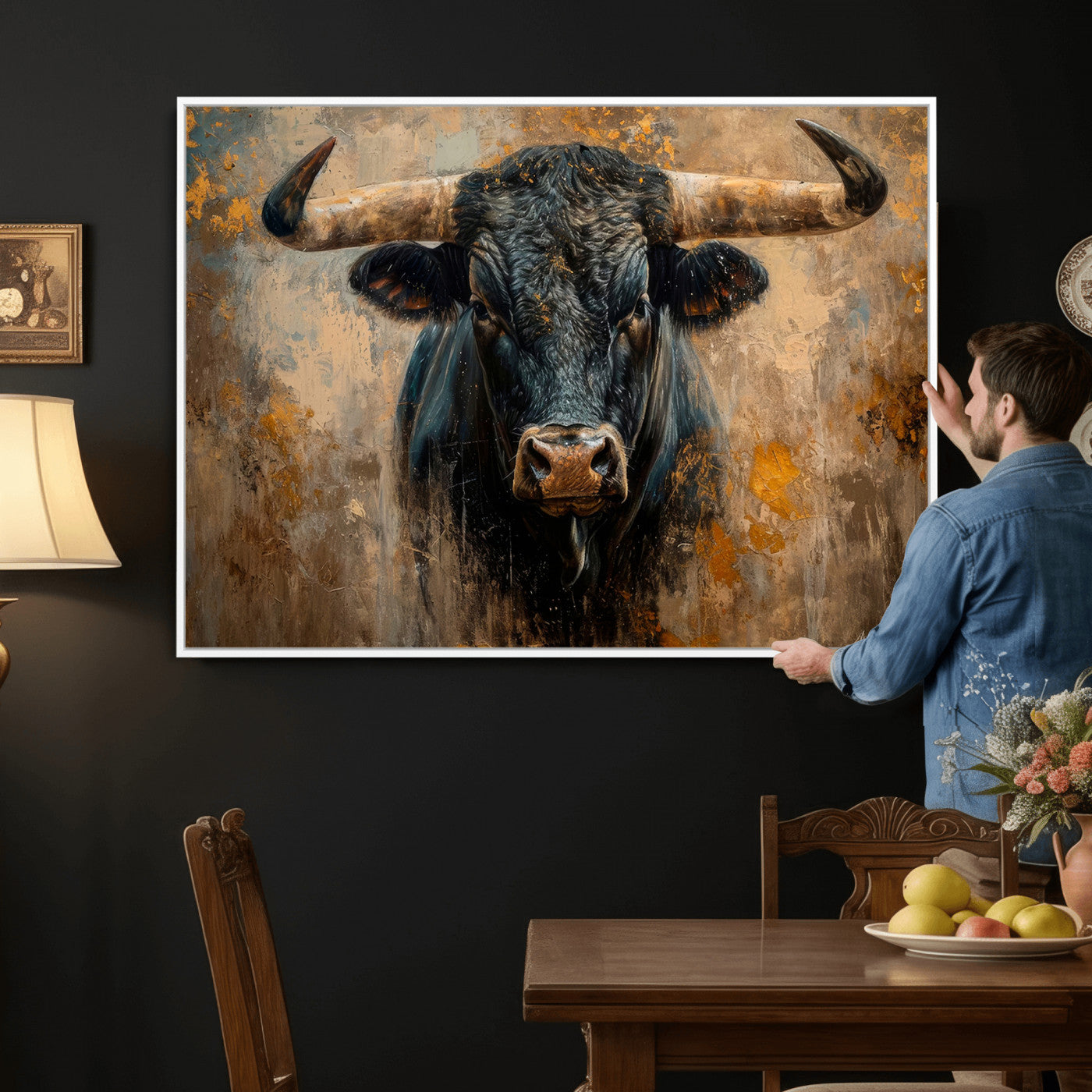 91615410-MGV-CV-36X24 - Abstract Texas Longhorn Bull Wall Art – Rustic Farmhouse Canvas Print, Western Cabin Style Decor, Large Animal Artwork for Living Room or Office