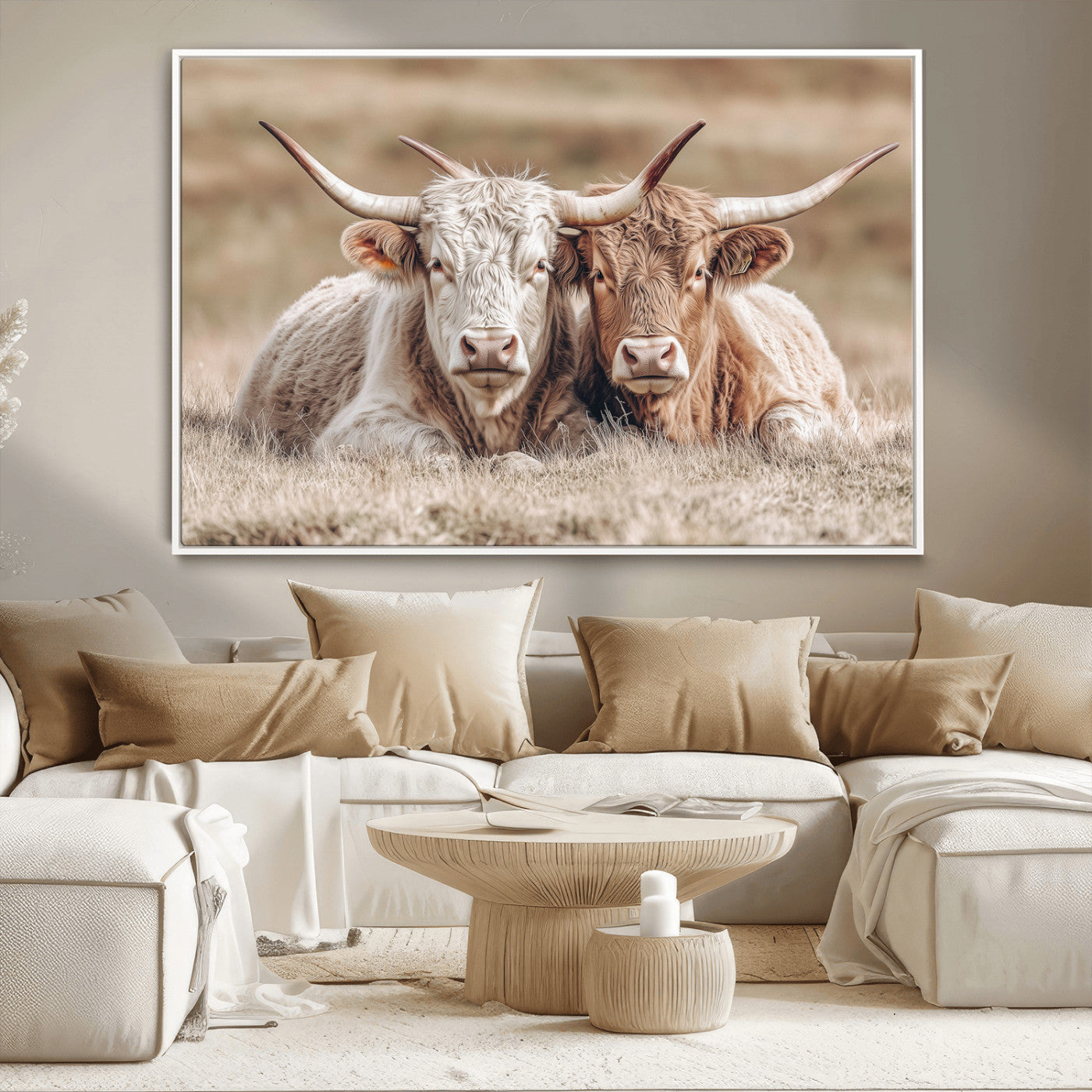 Two Highland cows with long horns lying side by side on a grassy field, featuring soft natural tones and a calm rural setting.
