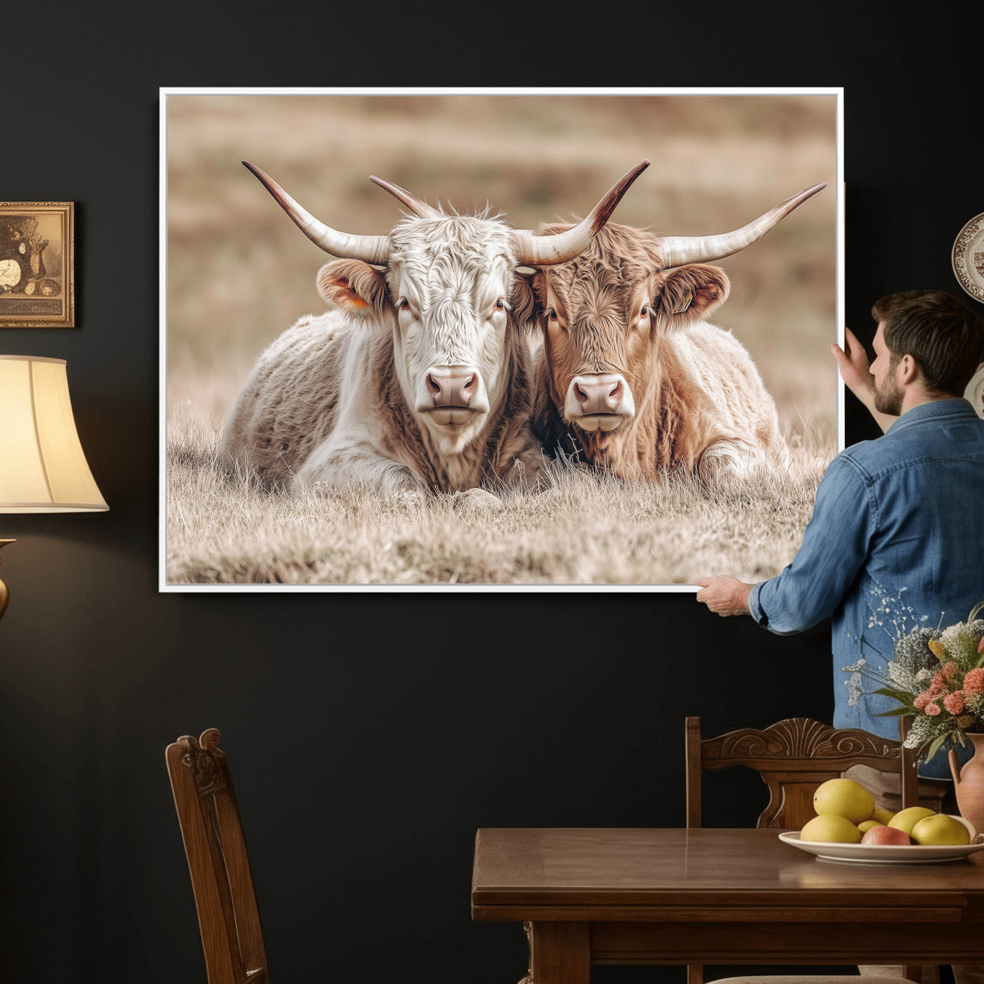 38651722-MGV-CV-36X24 - Highland Cows Meadow Canvas Wall Art – Peaceful Cow Photography Print, Rustic Farmhouse Animal Decor for Country Home, Living Room, Office