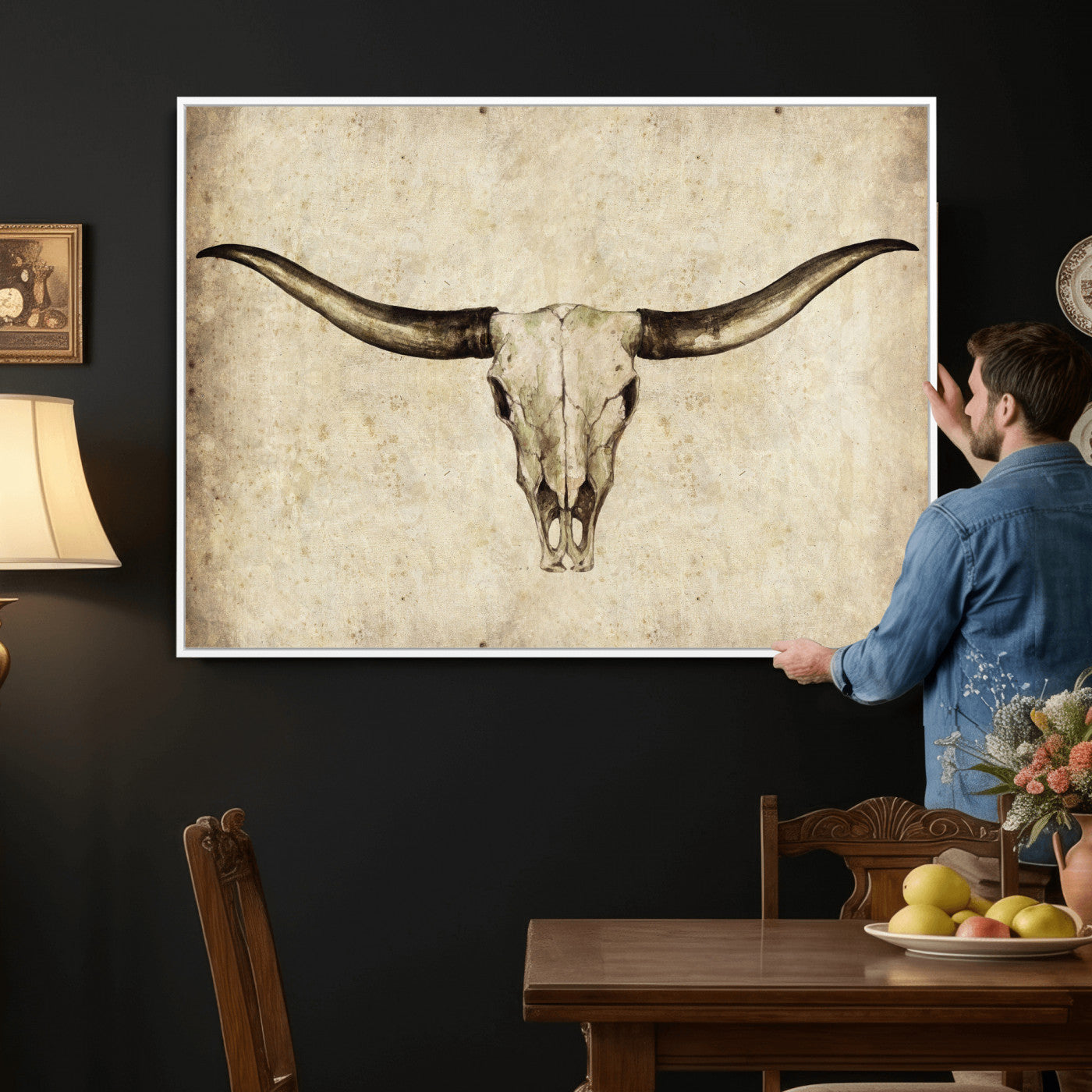 42788678-MGV-CV-36X24 - Longhorn Skull Wall Art Canvas Print – Rustic Western Artwork Print for Living Room Wall Decor