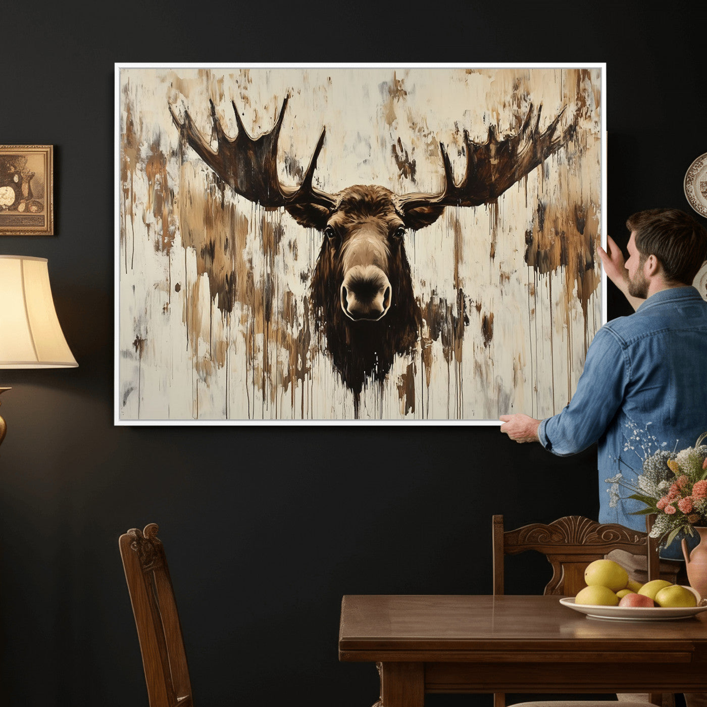 34496536-MGV-CV-36X24 - Powerful Moose Portrait Wall Art – Rich Earthy Tones, Expressive Brushstrokes, Striking Gaze, Raw Nature Vibes Decor for Home or Office