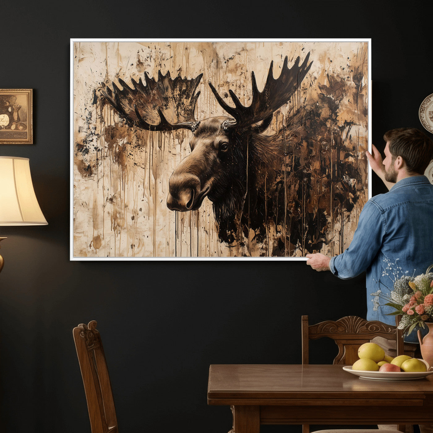83505059-MGV-CV-36X24 - Moose Canvas Wall Art — Rustic Wildlife Painting Print | Cabin Lodge Decor | Large Animal Wall Art | Moose Gift for Him | Man Cave Art