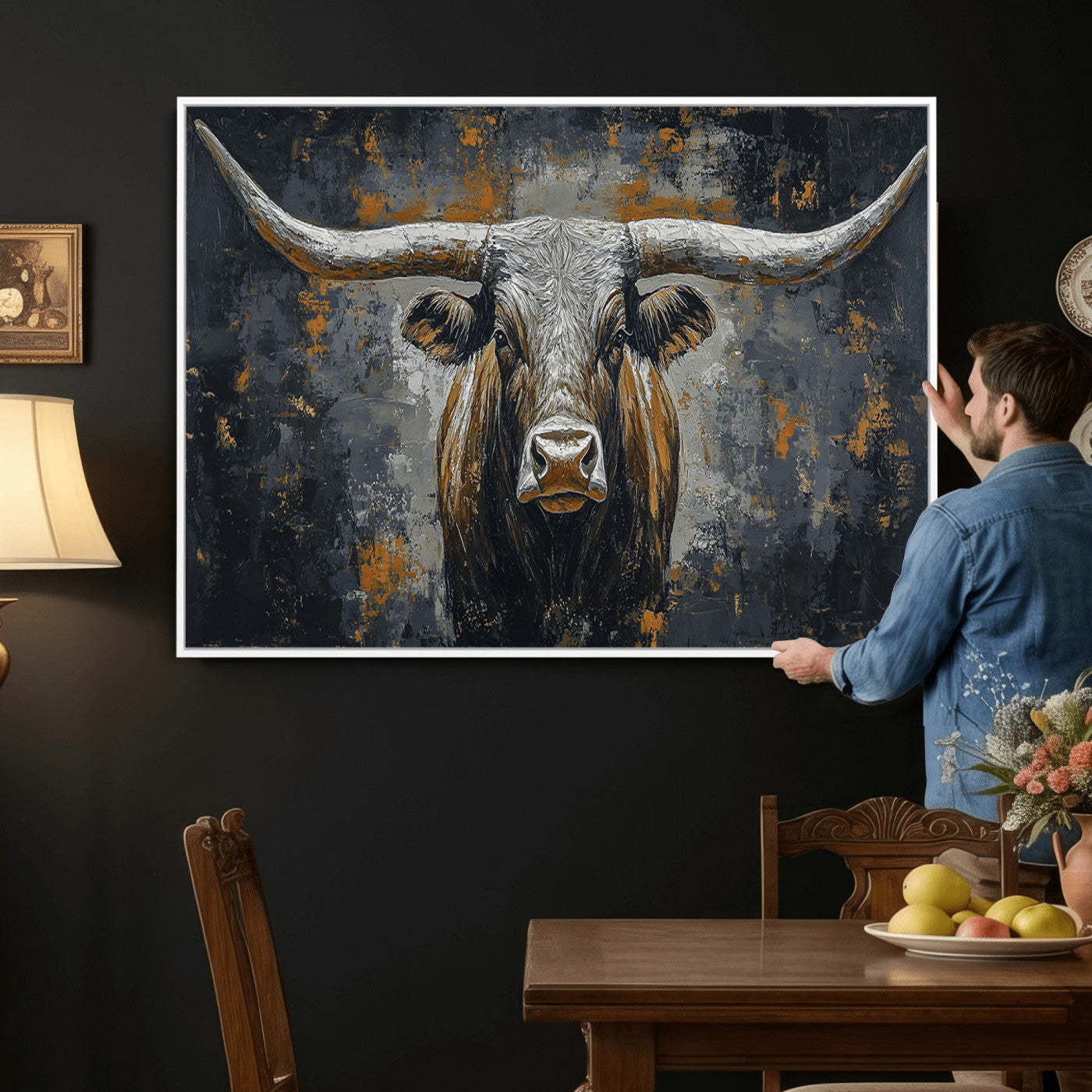 73972561-MGV-CV-36X24 - Bold Bull Wall Art Canvas – Striking Portrait with Wide Horns and Rich Brown Hues, Rustic Farmhouse and Western Decor for Home Room