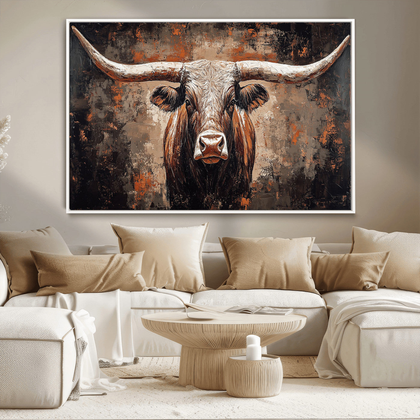 42732393-MGV-CV-36X24-Rustic Longhorn Bull Wall Art Canvas Print – Vintage Western Cattle Painting, Texas Steer Artwork for Ranch, Farmhouse or Cowboy Decor