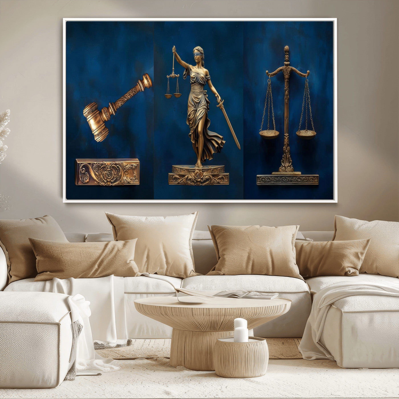 MGV-FC-36X24 - Lady Justice Wall Art Canvas Print – Elegant Gold Legal Symbols on Blue Background, Perfect for Law
