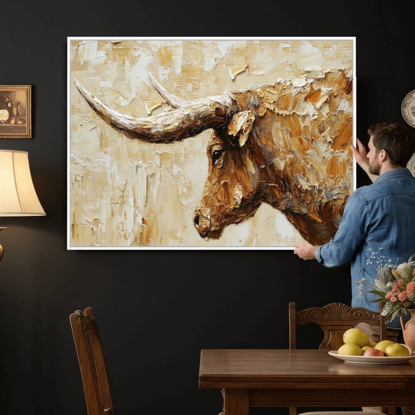69611428-MGV-CV-36X24 - Rustic Longhorn Bull Wall Art Canvas Print – Vintage Western Cattle Painting, Texas Abstract Wall Cow Prints