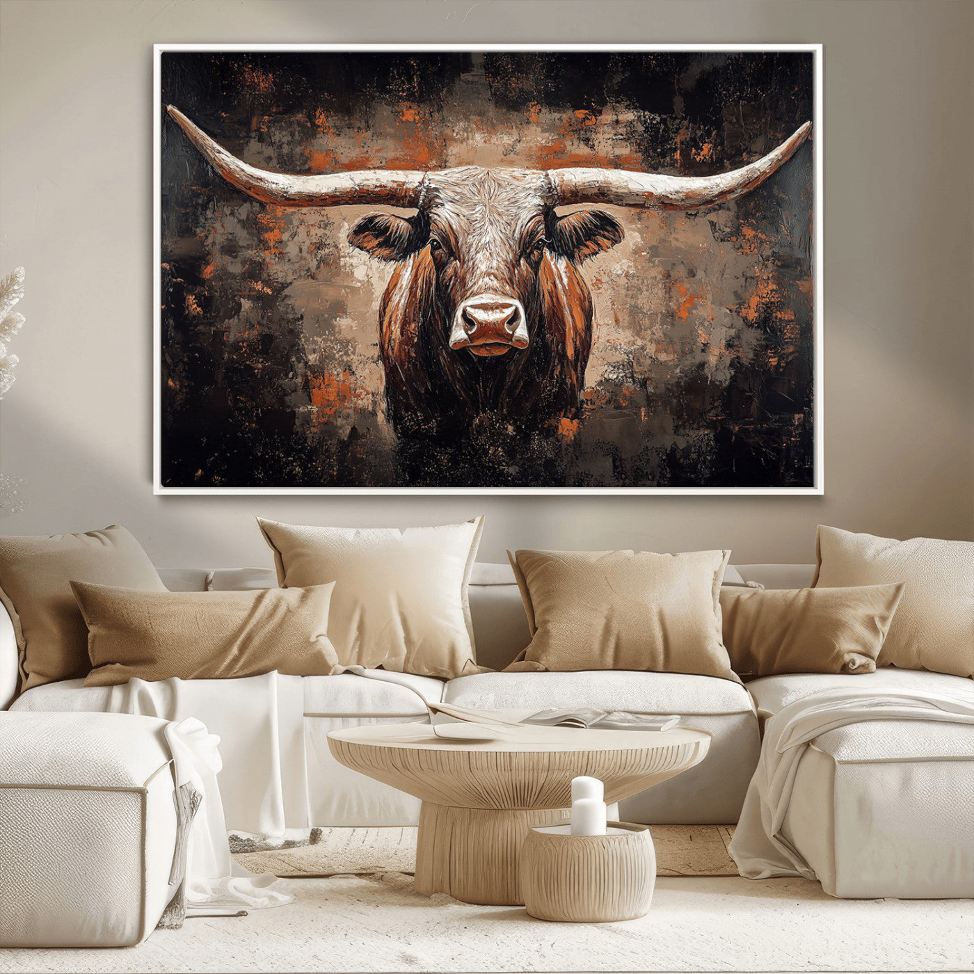 24779067-MGV-CV-36X24-Rustic Longhorn Bull Wall Art Canvas Print – Vintage Western Cattle Painting, Texas Steer Artwork for Ranch, Farmhouse or Cowboy Decor