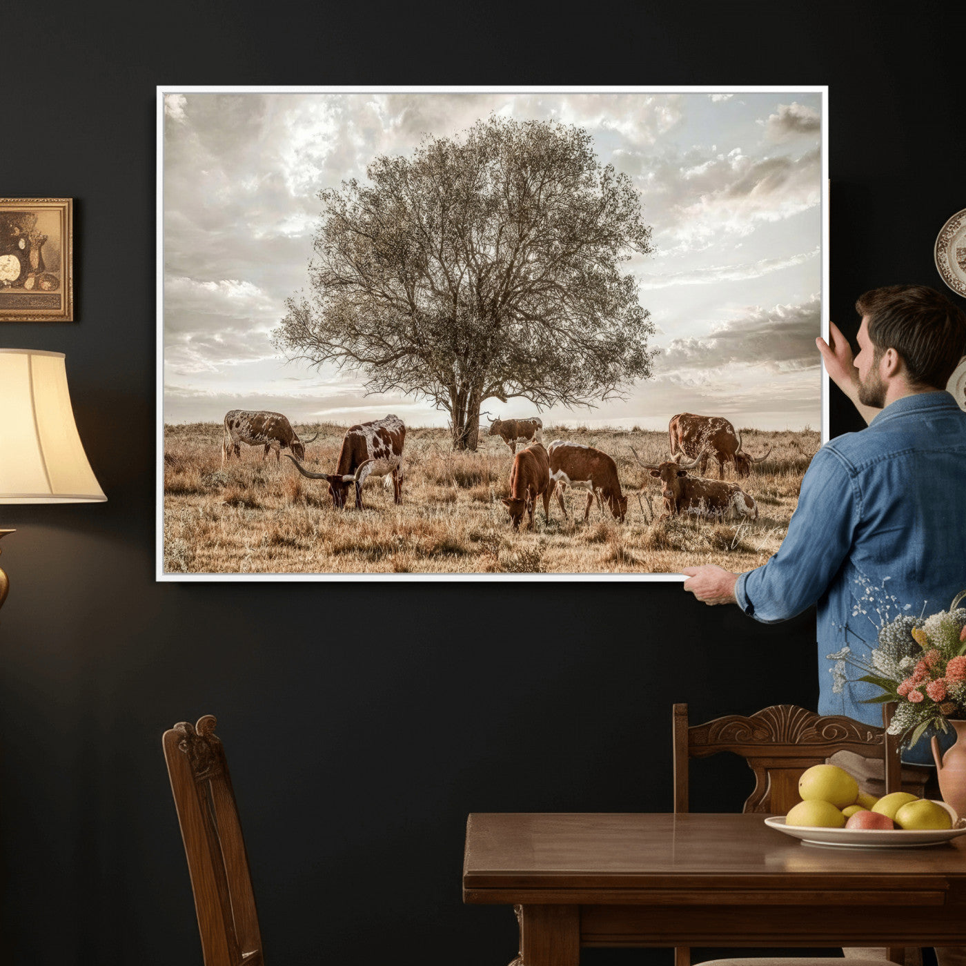 87590224-MGV-CV-36X24 - Texas Longhorn Cattle Wall Art Canvas Print – Rustic Western Ranch Scene with Steers at Sunset, Perfect for Farmhouse or Cowboy Decor