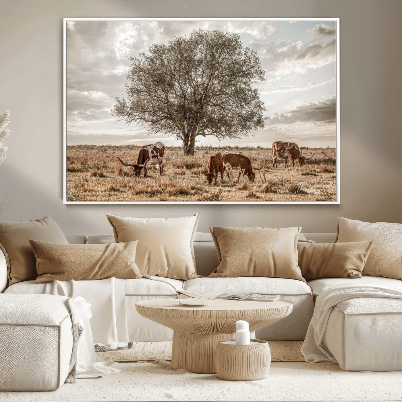 Texas Longhorn Cattle Wall Art Canvas Print – Rustic Western Ranch Scene with Steers at Sunset, Perfect for Farmhouse or Cowboy Decor