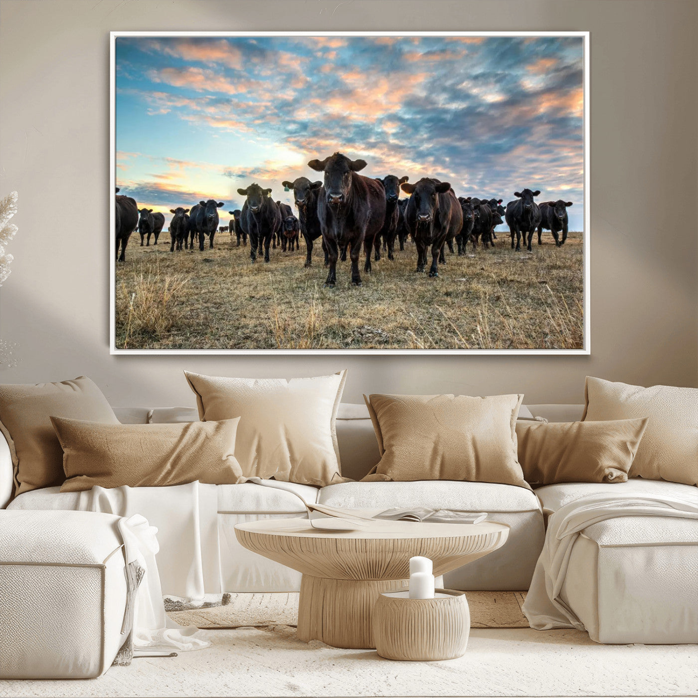 13867292-MGV-CV-36X24-Texas Longhorn Cattle Wall Art Canvas Print – Rustic Western Ranch Scene with Steers at Sunset, Perfect for Farmhouse or Cowboy Decor