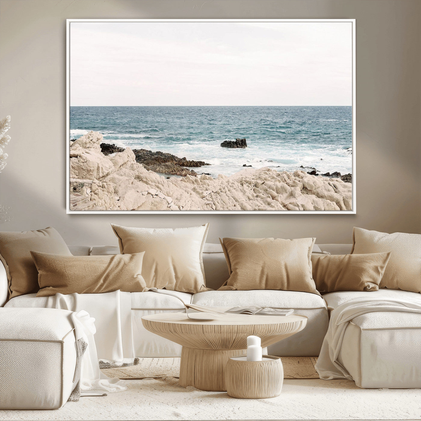 25481980-MGV-CV-36X24-Coastal Ocean View Wall Art Canvas Print – Serene Rocky Shoreline and Blue Sea Photography for Coastal Chic or Minimalist Home Decor