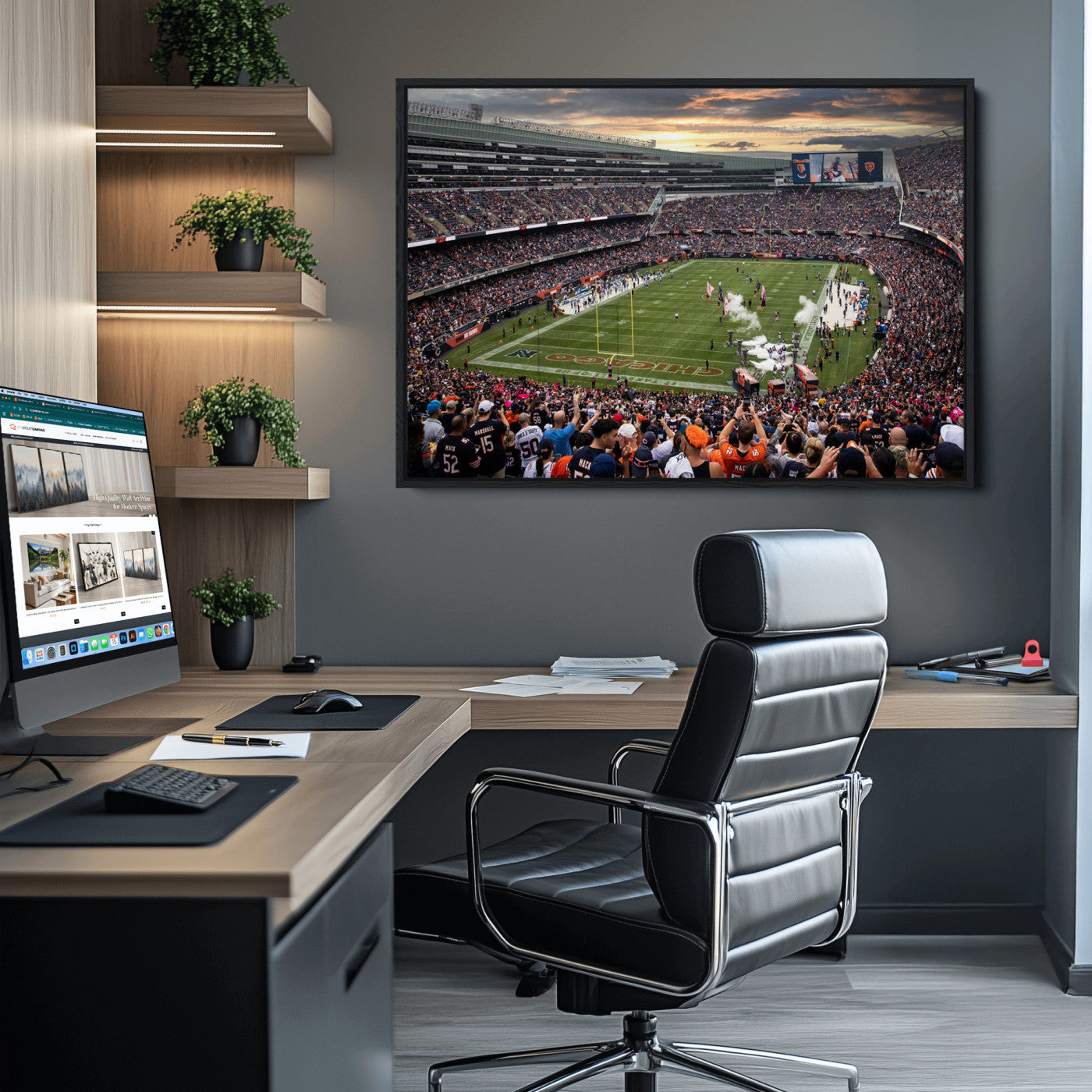 87578930-MGV-CV-36X24-Chicago Bears Soldiers Field Wall Art Canvas Print – Framed Football Stadium Artwork for Sports Fans, Soldier Field Skyline Canvas Decor for Game Room or Man Cave