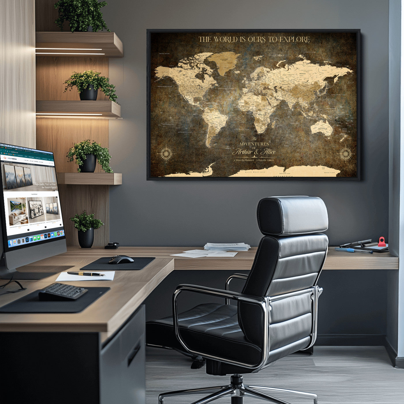 76675404-MGV-CV-36X24-Framed Push Pin World Travel Map – Canvas Wall Art for Tracking Adventures, Decorative Vintage Style Map with Pins for Home or Office - H1