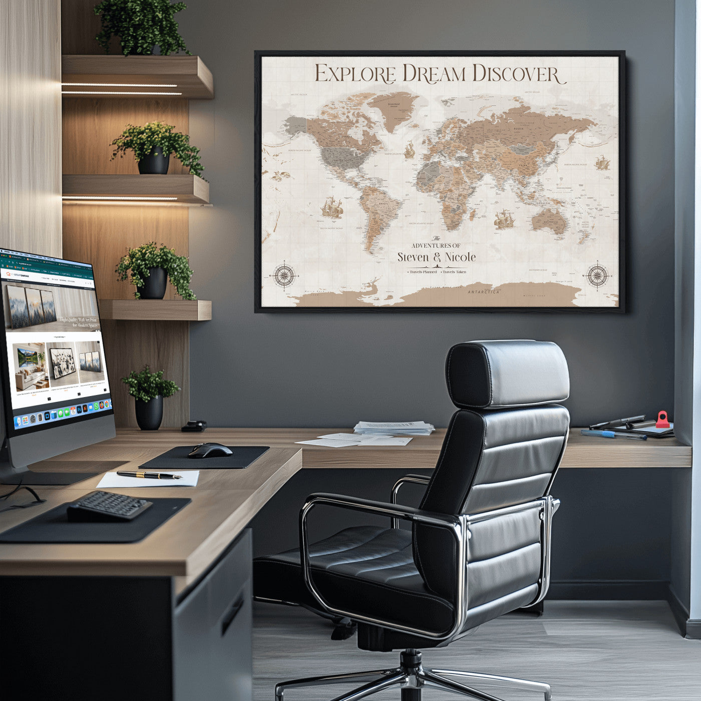 95738134-MGV-CV-36X24-Custom Push Pin World Map Wall Canvas Print – Personalized Travel Tracker with Pins – Framed Large Multi-Size Canvas for Home Office Decor