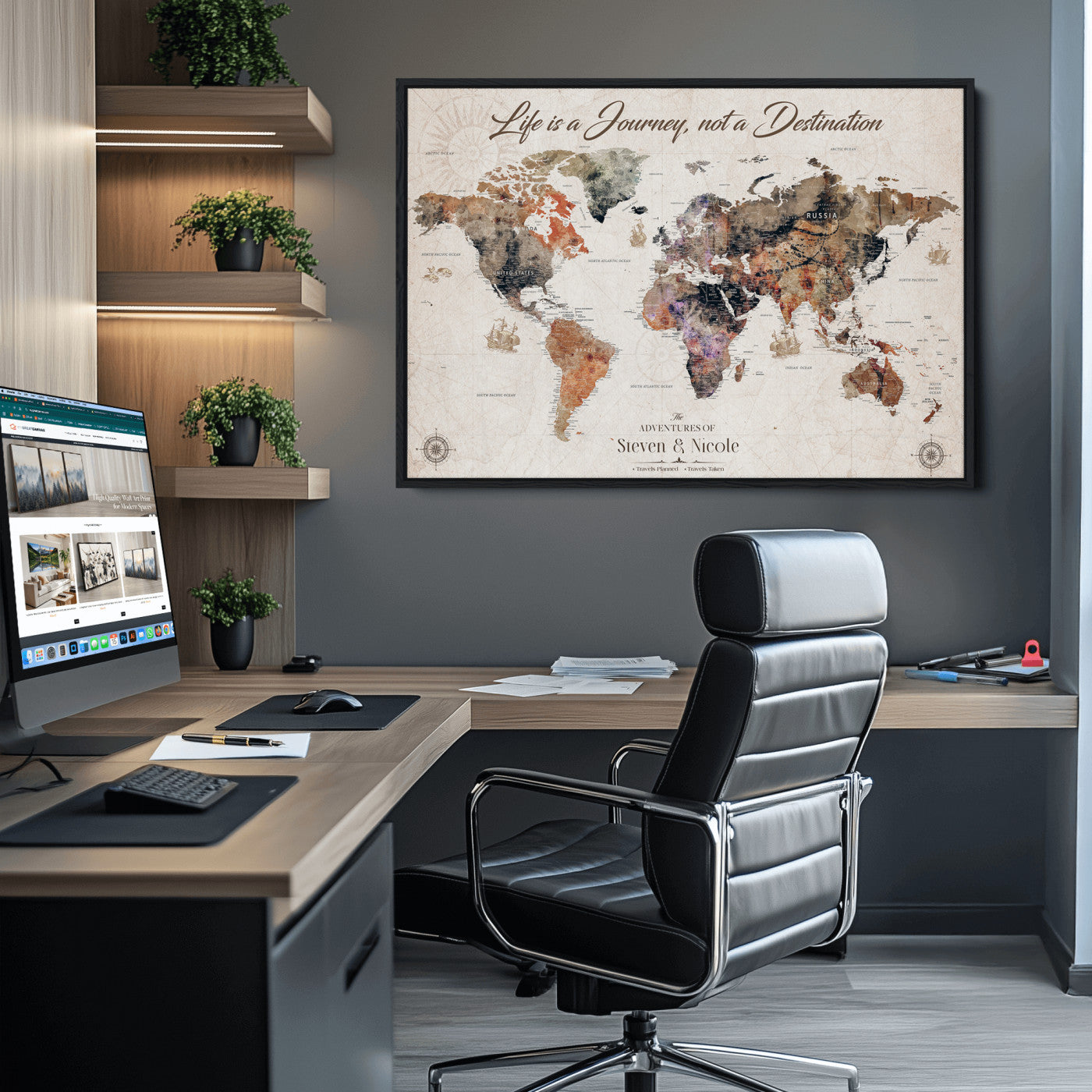 96000140-MGV-CV-36X24-Custom Push Pin World Map Wall Canvas Print – Personalized Travel Tracker with Pins – Framed Large Multi-Size Canvas for Home Office Decor