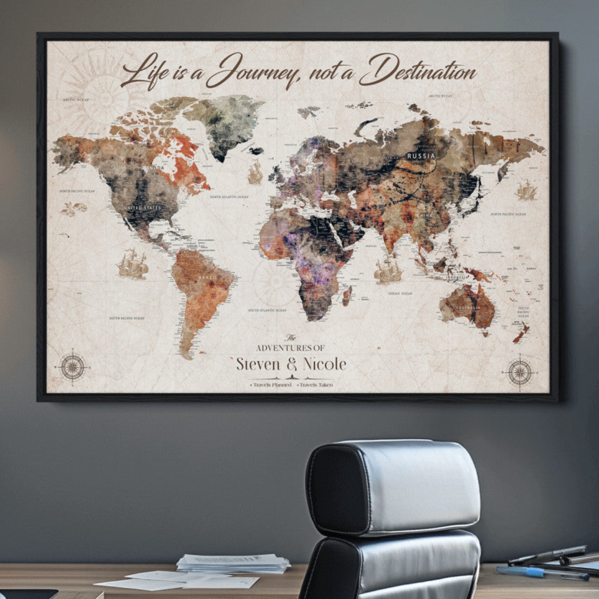 -Personalized Push Pin World Map Canvas – Custom Framed Travel Tracker Wall Art, Large Adventure Map with Pins for Home, Office