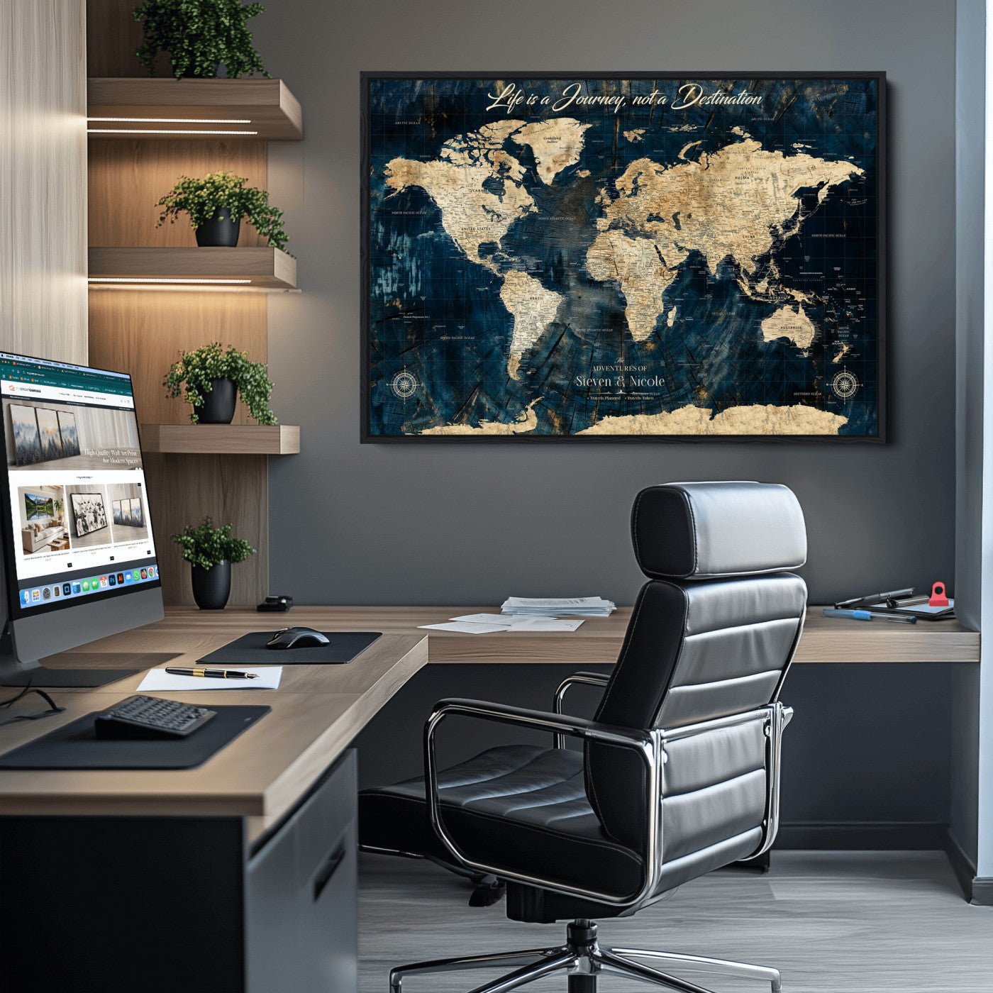 23551206-MGV-CV-36X24-Custom Push Pin World Map Wall Canvas Print – Personalized Travel Tracker with Pins – Framed Large Multi-Size Canvas for Home Office Decor