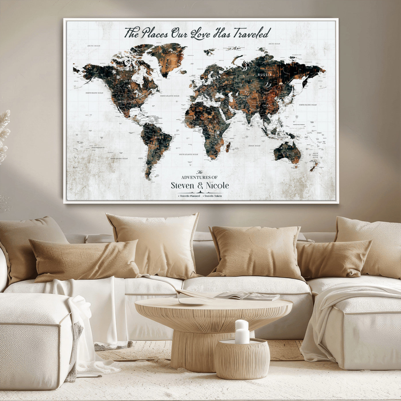 89231588-MGV-CV-36X24-World Travel Map with Pins – Framed Canvas Print to Track Adventures and Create a Visual Travel Journal, Ideal Wall Art for Home - H17