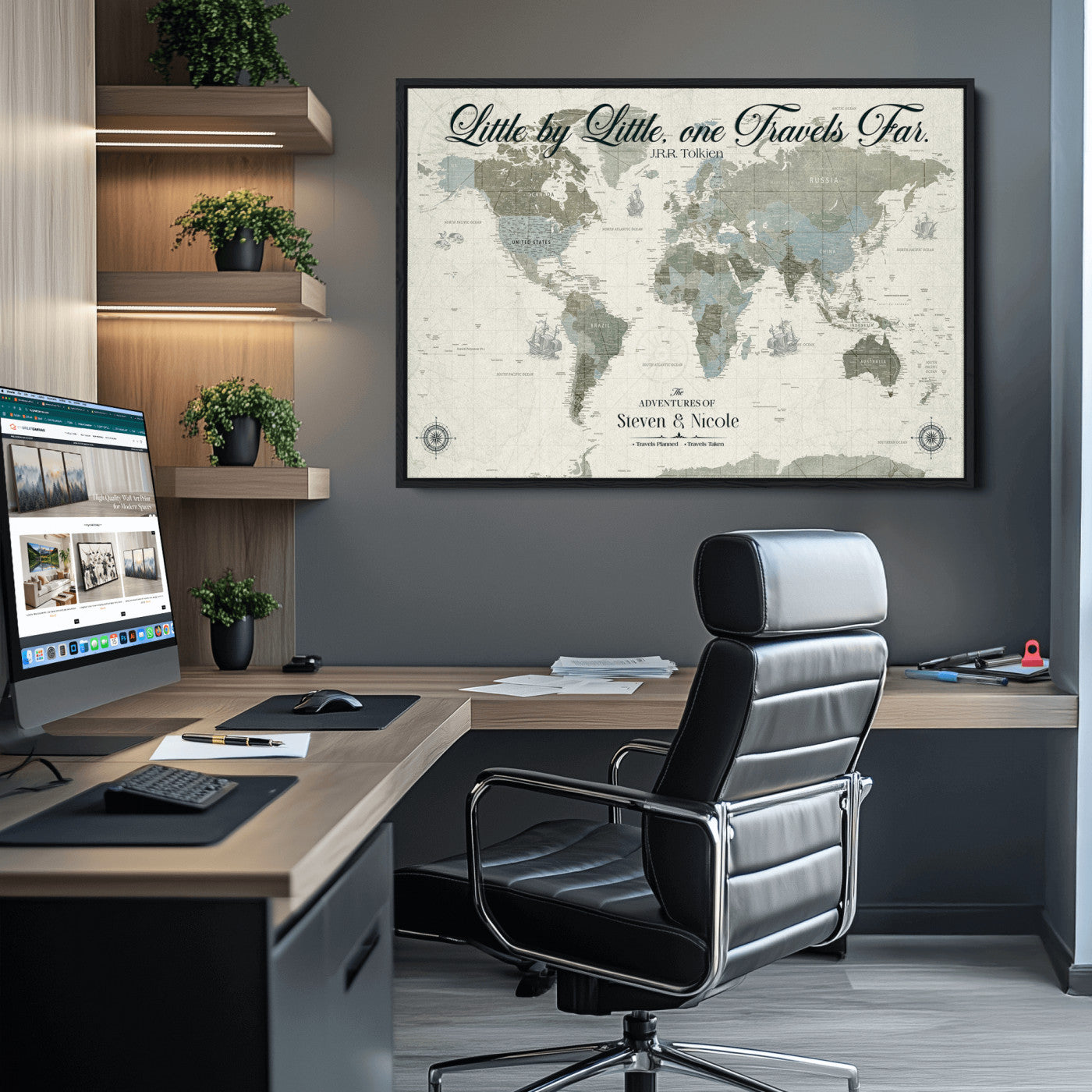 72081300-MGV-CV-36X24-Custom Push Pin World Map Wall Canvas Print – Personalized Travel Tracker with Pins – Framed Large Multi-Size Canvas for Home Office Decor