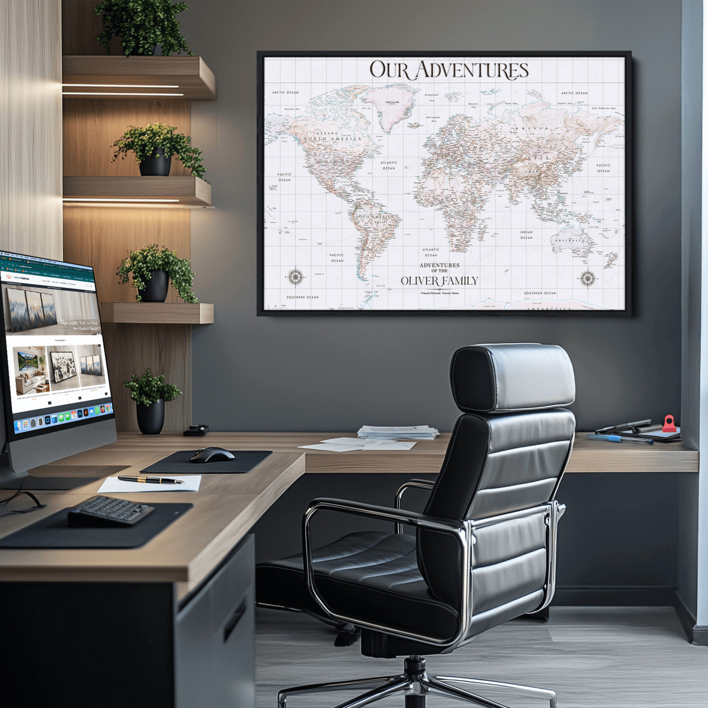 40041157-MGV-CV-36X24-Custom Push Pin World Map Wall Canvas Print – Personalized Travel Tracker with Pins – Framed Large Multi-Size Canvas for Home Office Decor