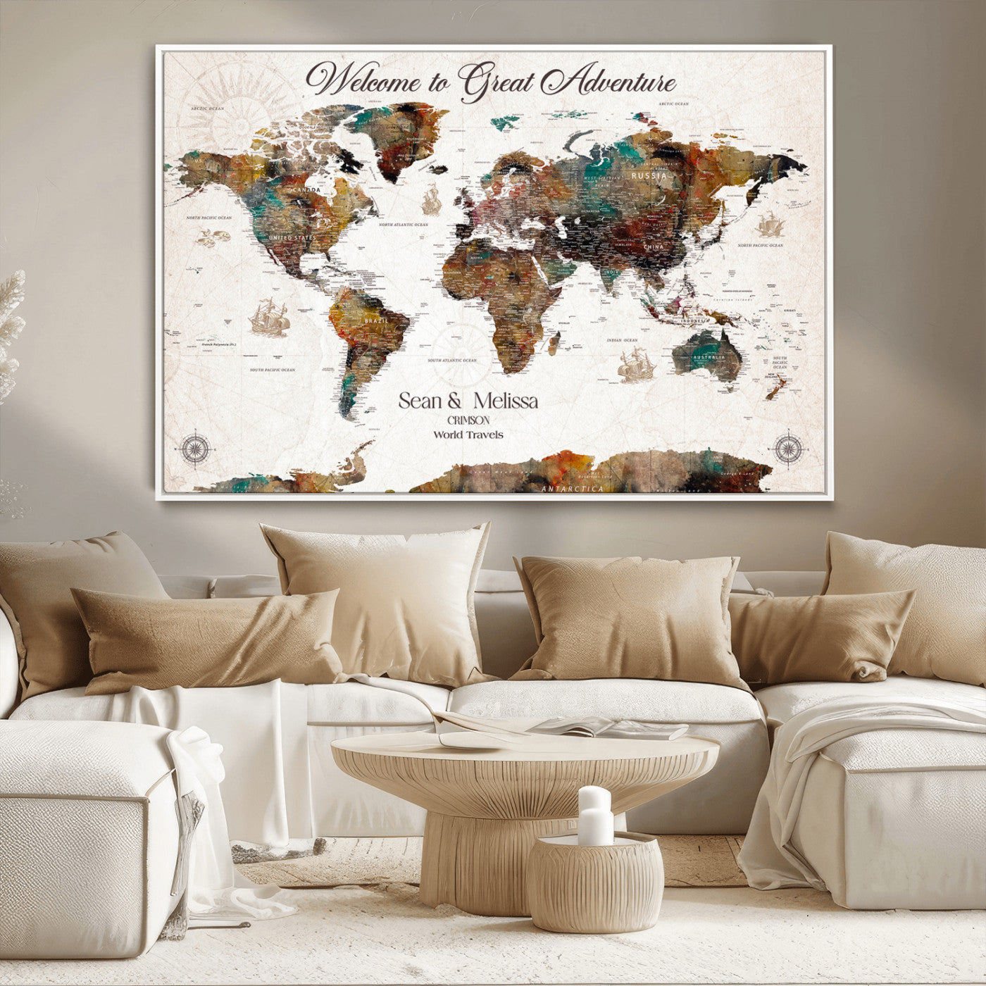 92462592-MGV-CV-36X24-Customize Push Pin World Map Wall Canvas Print – Personalizable Travel World Map with Pins – Framed Personalized Map Print for Couple Gift - H31