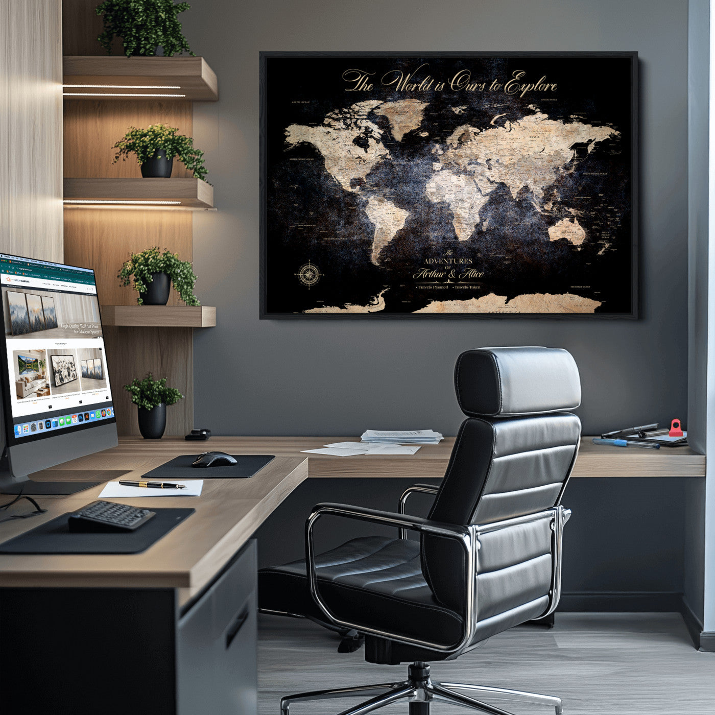 21010471-MGV-CV-36X24-Customize Push Pin World Map Wall Canvas Print, Personalized Travel Tracker with Pins, Framed Large Canvas for Home Office Decor - H37