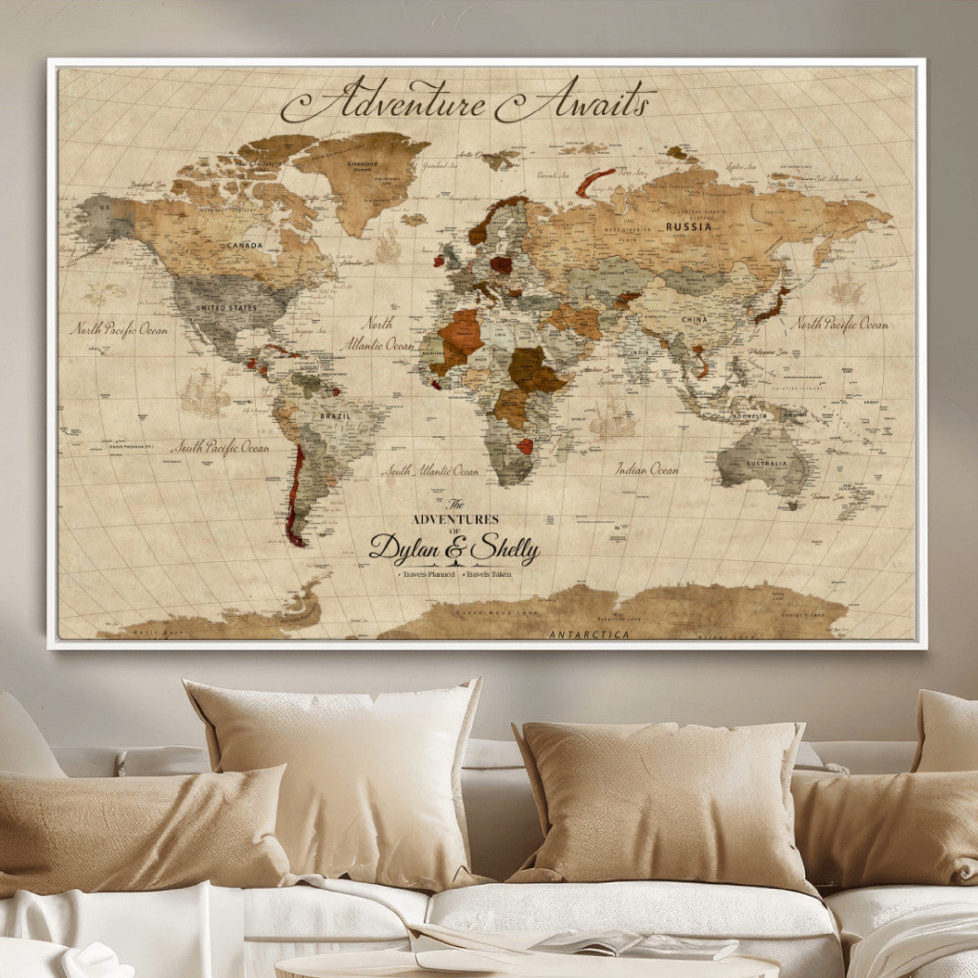 Rehber01-MGV-CV-36X24-Personalized World Map Canvas – Custom Framed Push Pin Travel Map Wall Art with Names, Vintage Style Gift for Couples
