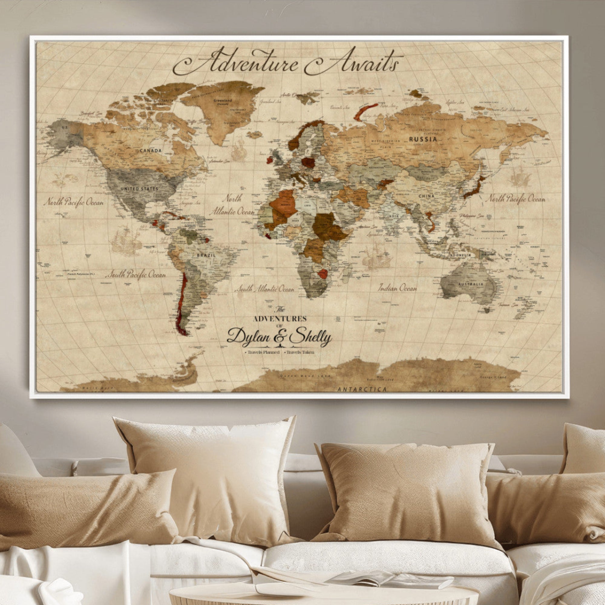Rehber01-MGV-CV-36X24-Personalized World Map Canvas – Custom Framed Push Pin Travel Map Wall Art with Names, Vintage Style Gift for Couples
