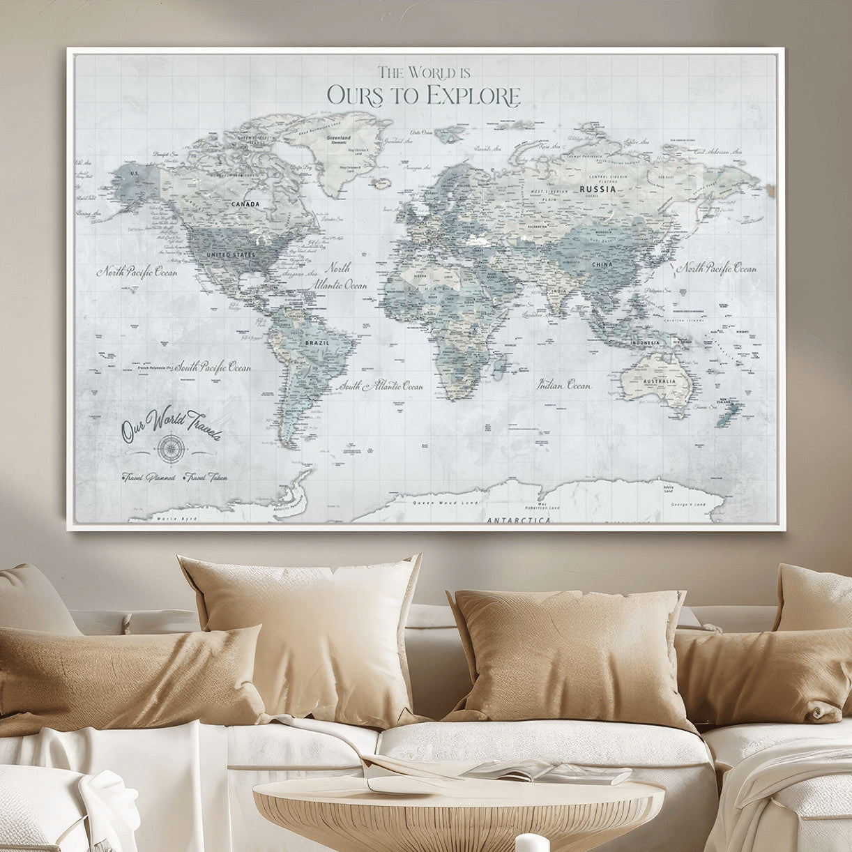 73654056-MGV-FC-36X24 - Personalized Push Pin World Map Canvas Print – Custom Framed Travel Tracker Artwork for Couples or Home Decor