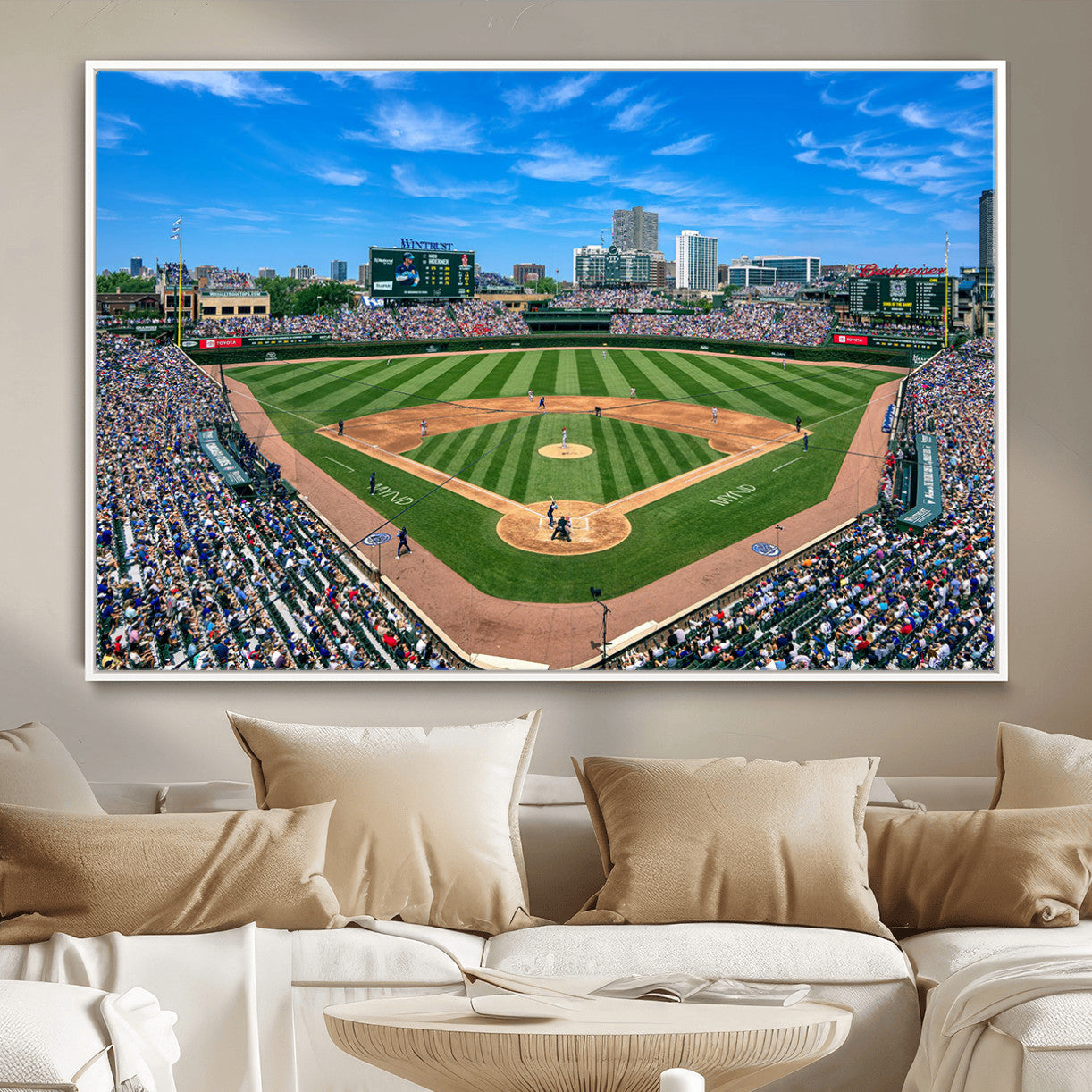35800083-MGV-FC-36X24 - Wrigley Field Baseball Stadium Canvas Wall Art – Packed Crowd Sports Stadium City Skyline Artwork for Home Office