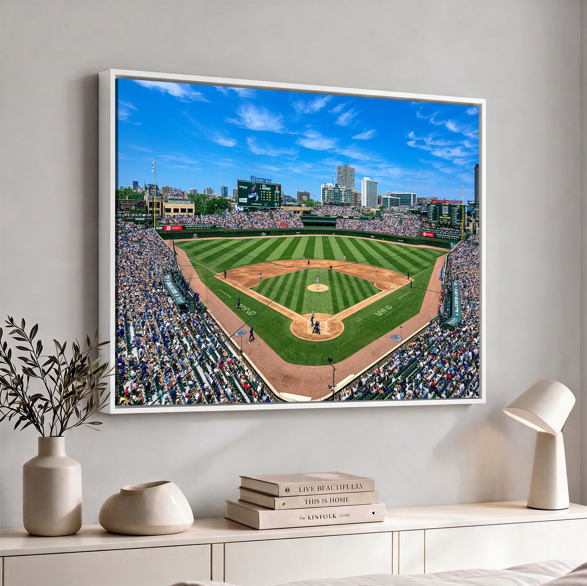 35800083-MGV-CV-36X24 - Wrigley Field Baseball Stadium Canvas Wall Art – Packed Crowd Sports Stadium City Skyline Artwork for Home Office