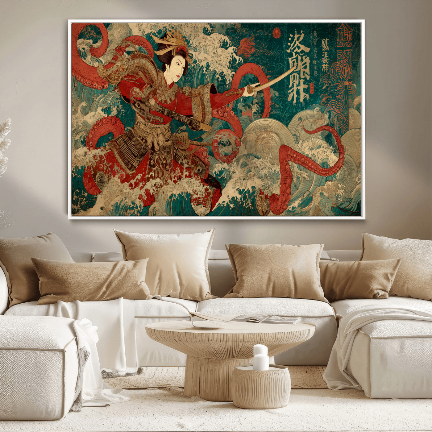 MGV-FC-36X24 - Tsukioka Yoshitoshi Samurai Wall Art Print, Japanese Katana Warrior Canvas Wall Art, Octopus Sea Monster Canvas Print,