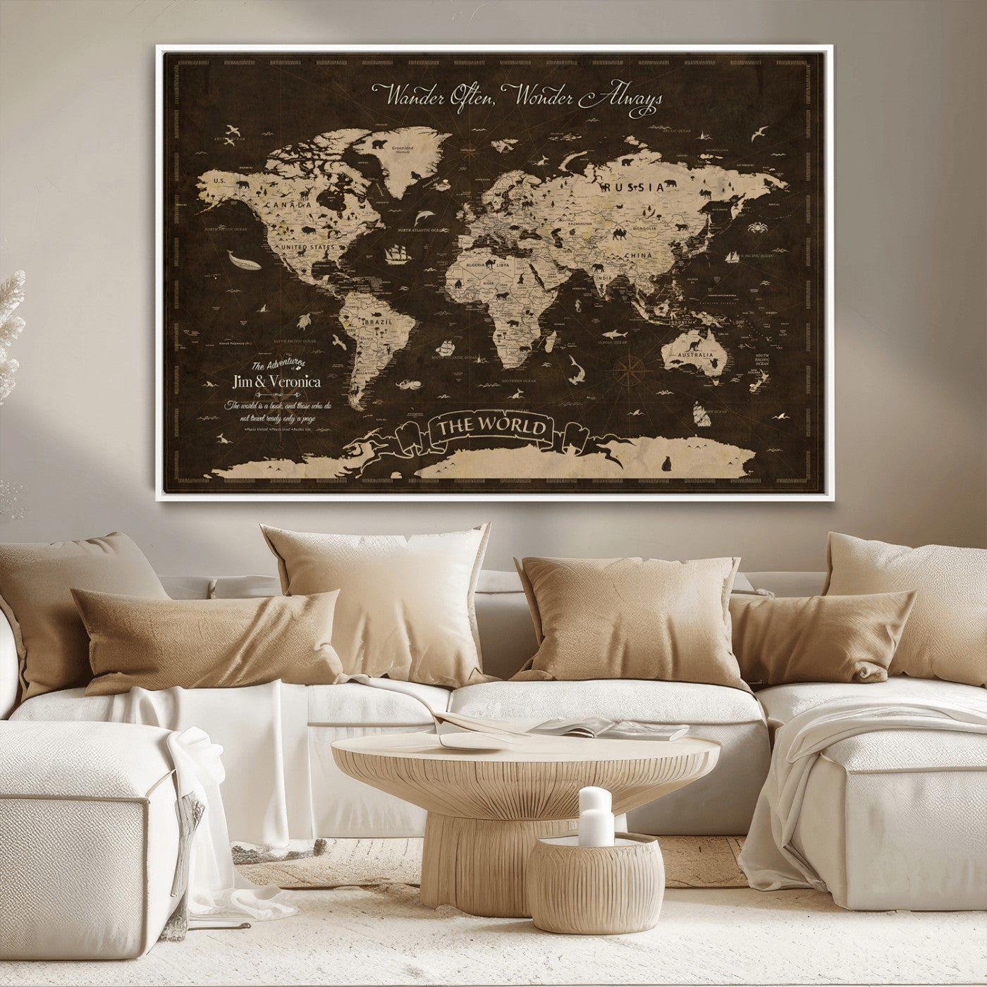 47004909-MGV-CV-36X24-Customize Push Pin World Map Wall Art Canvas Print – Personalized Map for Kids Room – Framed Custom Animal Map for Stady Room Decor