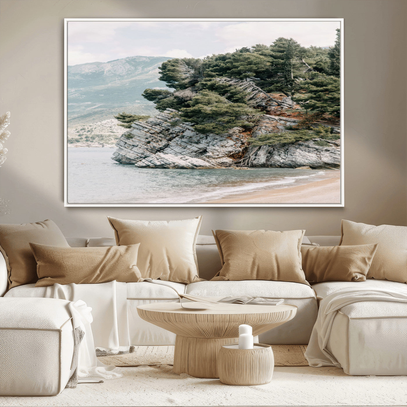 MGV-FC-36X24 - Coastal Rock Canvas Wall Art Print, Scenic Beach Landscape, Pine Trees on Rocky Cliff, Large Nature