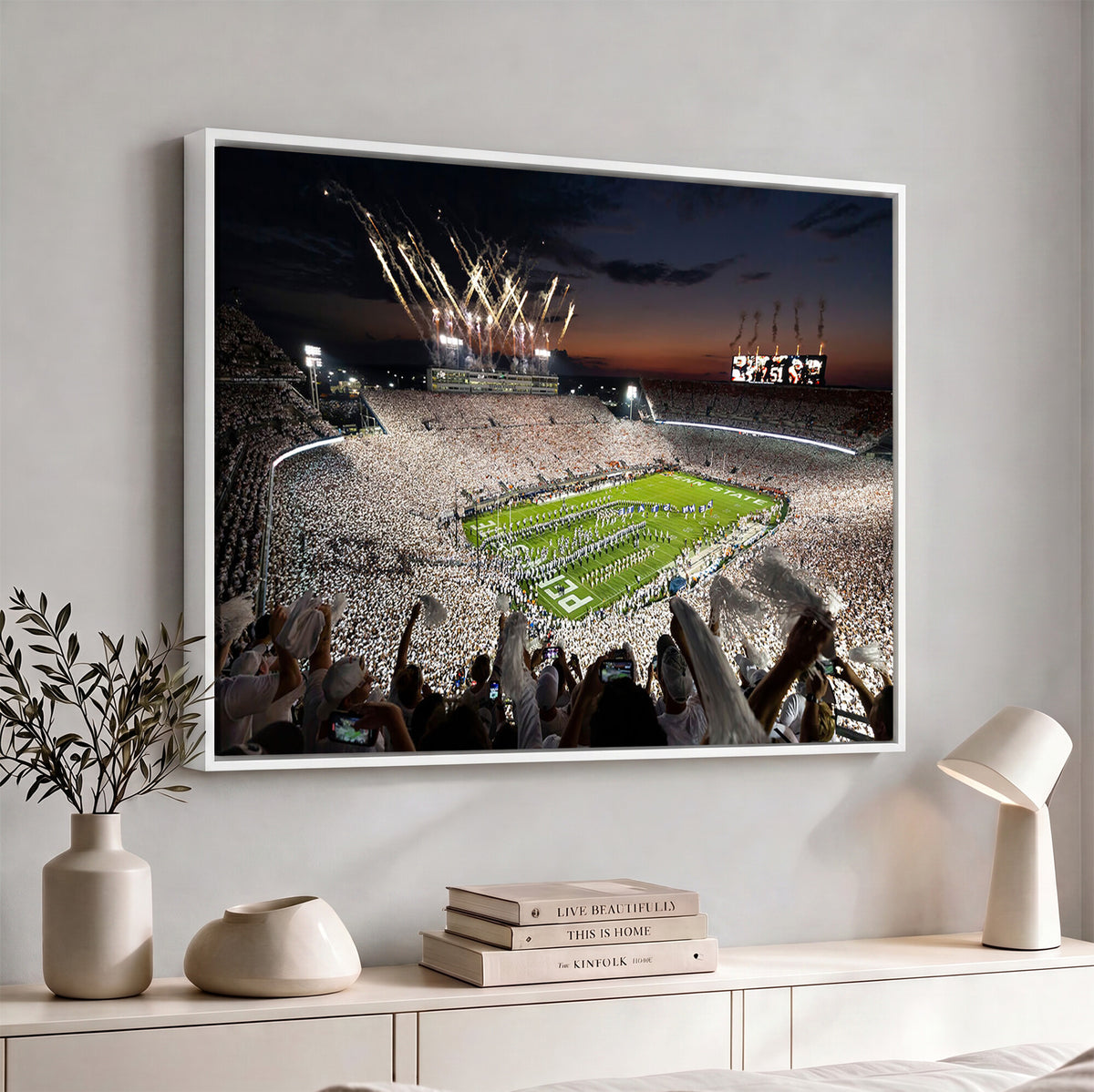 11221988-MGV-CV-36X24 - Epic Night Football Stadium Wall Art Canvas Print, Fireworks and Crowd