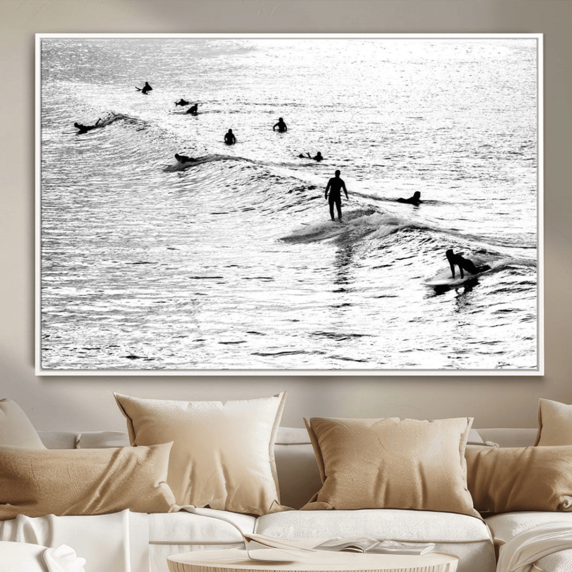 -Black White Surfers Wall Art Canvas Print – Riding Gentle Ocean Waves Minimalist Coastal Artwork for Home, Office