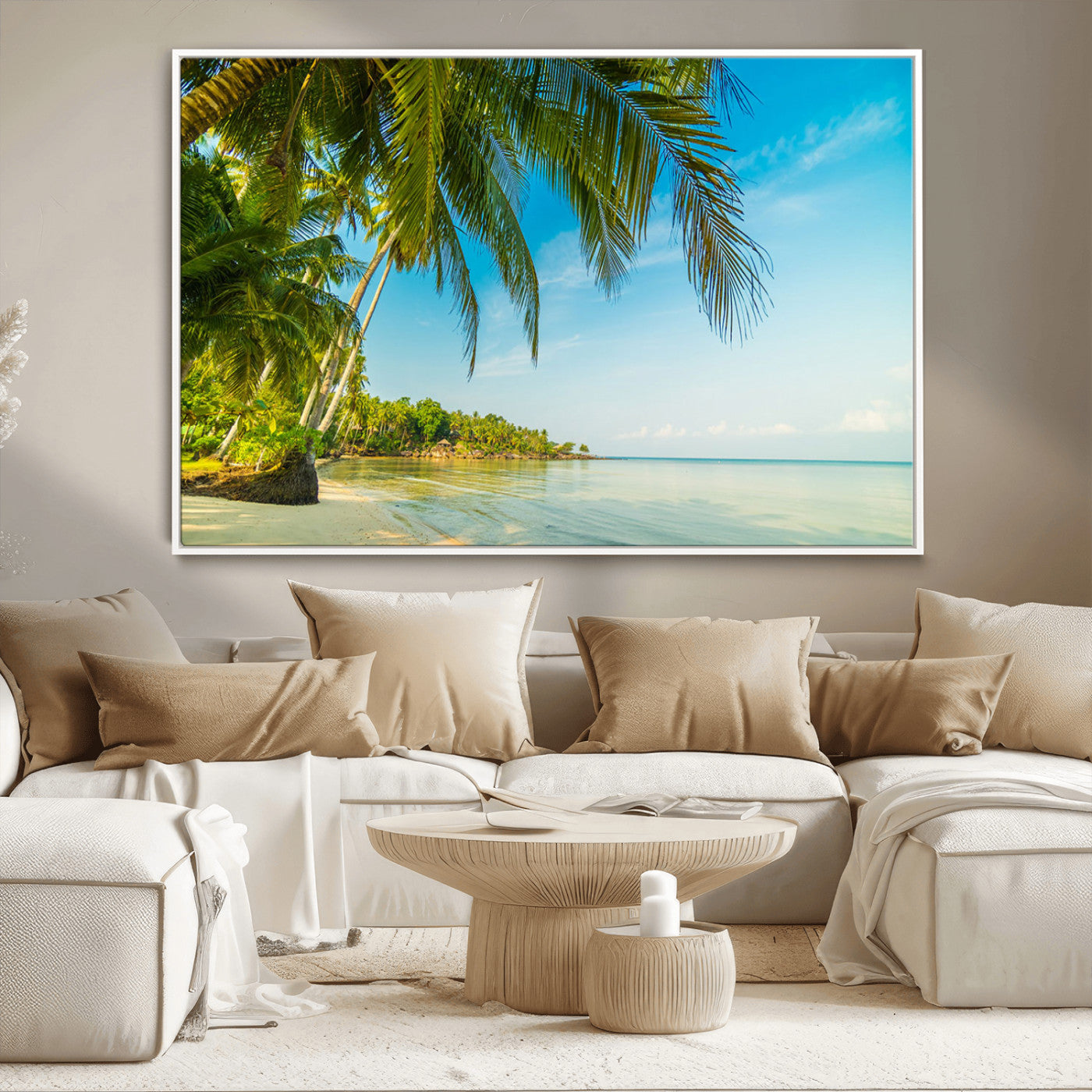 MGV-FC-36X24 - Peaceful Tropical Beach with Palm Trees and Calm Blue Sea – Serene Coastal Wall Art Canvas Print for