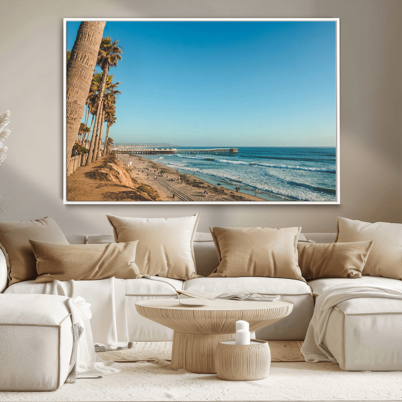 MGV-FC-36X24 - Scenic Beach with Tall Palm Trees, Sandy Shore, and Long Pier Stretching into the Calm Ocean Under