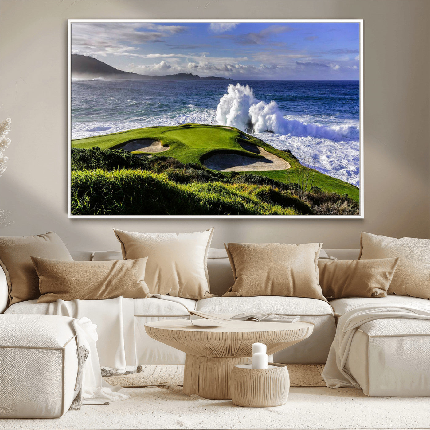 -Dramatic Ocean Waves Crashing Against Rocky Coastline Near a Green Golf Course – Stunning Wall Art