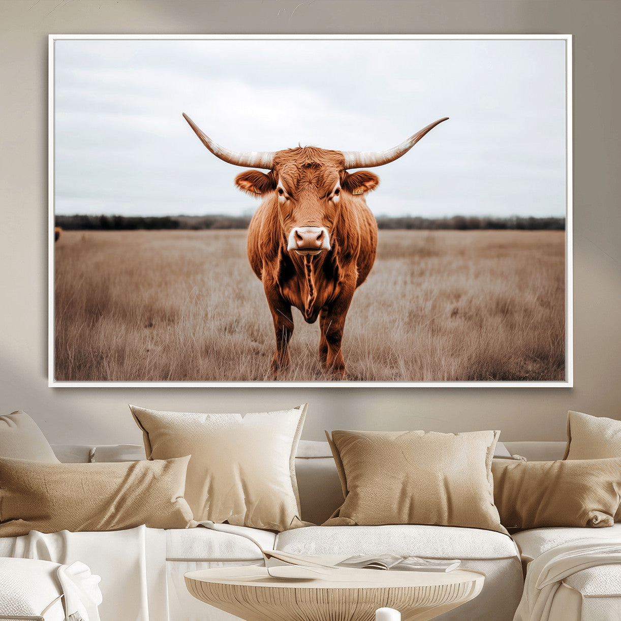 16316734-MGV-FC-36X24 - Longhorn bull, open field, rustic charm, natural beauty, Wall Art Canvas Print, countryside,