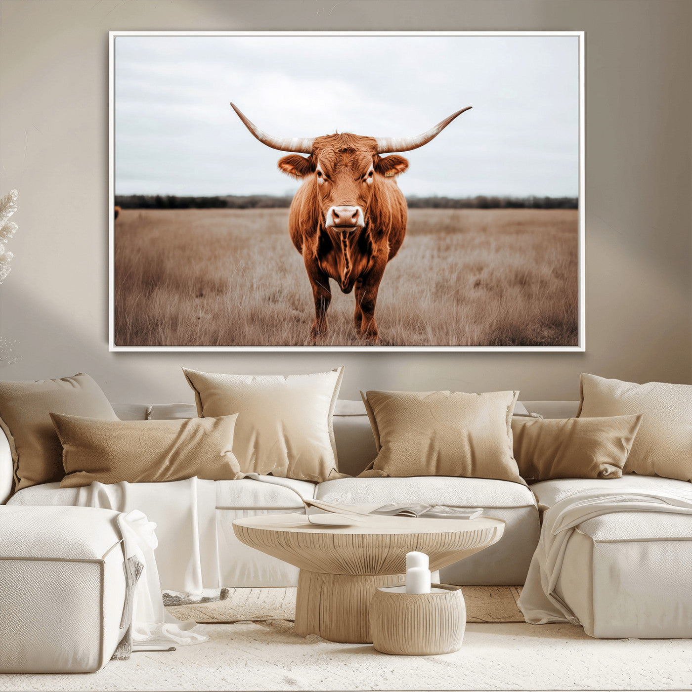 MGV-FC-36X24 - Longhorn bull, open field, rustic charm, natural beauty, Wall Art Canvas Print, countryside,