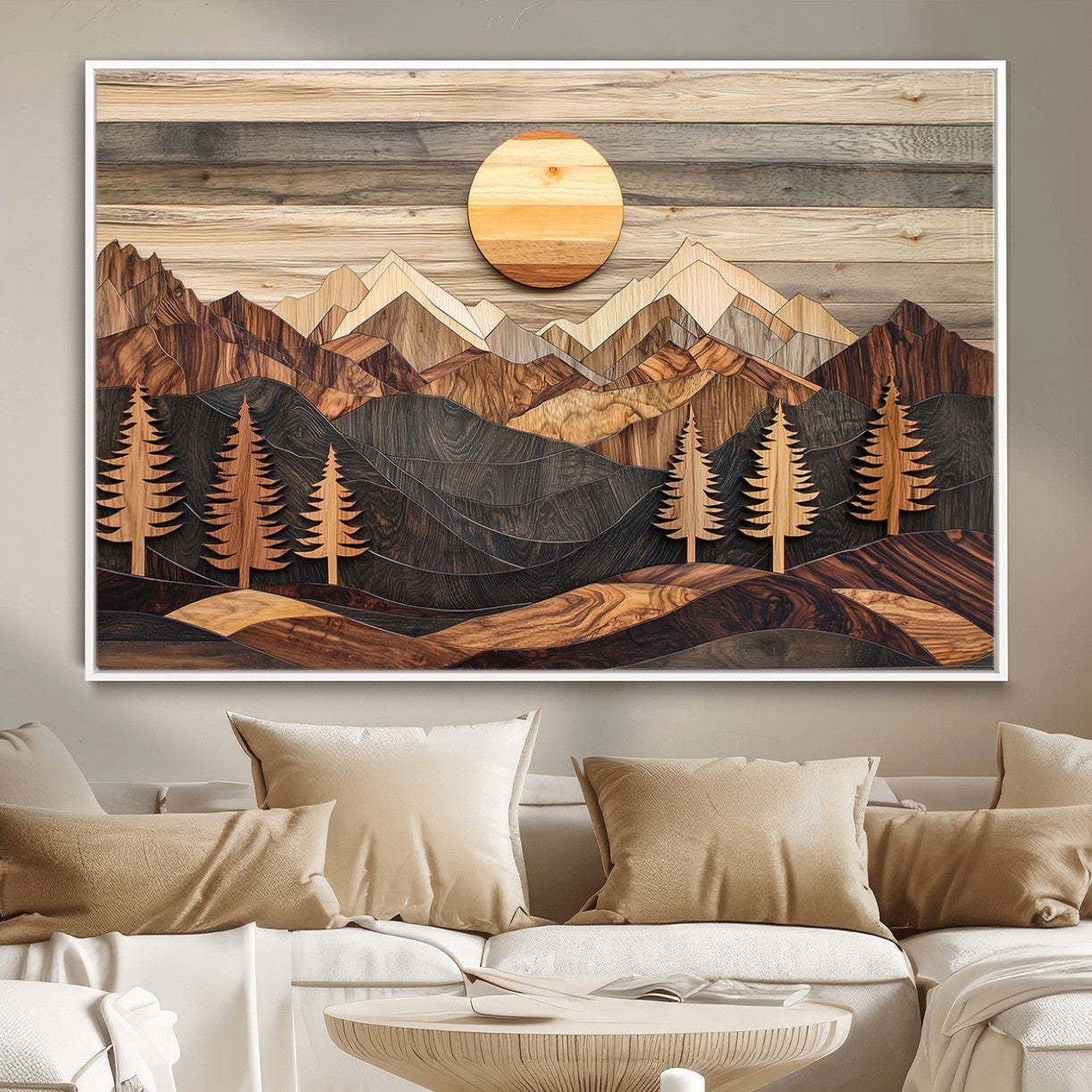 19832326-MGV-FC-36X24 - Wooden Mountain Landscape Layered Texture Geometric Shapes Sun Pine Trees Rustic Natural Tones Art