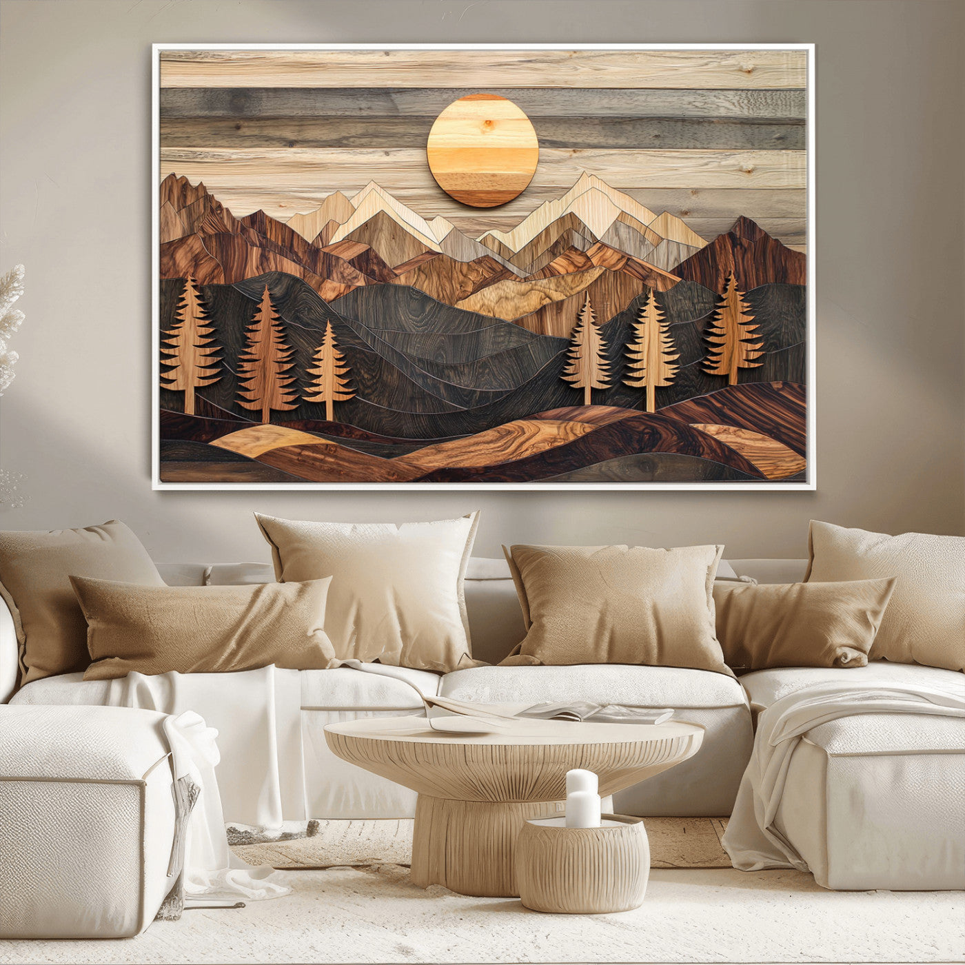 MGV-FC-36X24 - Wooden Mountain Layers Canvas Wall Art – Rustic Pine Tree Landscape with Sunlight Artistic Nature