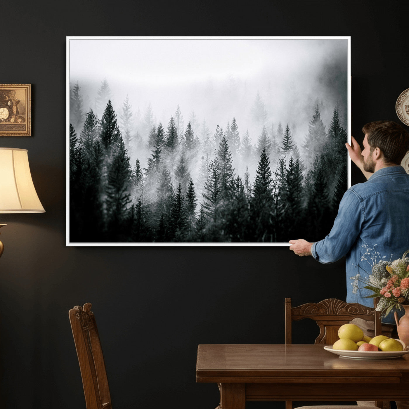 87750525-MGV-CV-36X24 - Foggy Forest Wall Art Canvas Print – Mountain Woodland Landscape Photography for Minimal Nature Home Decor