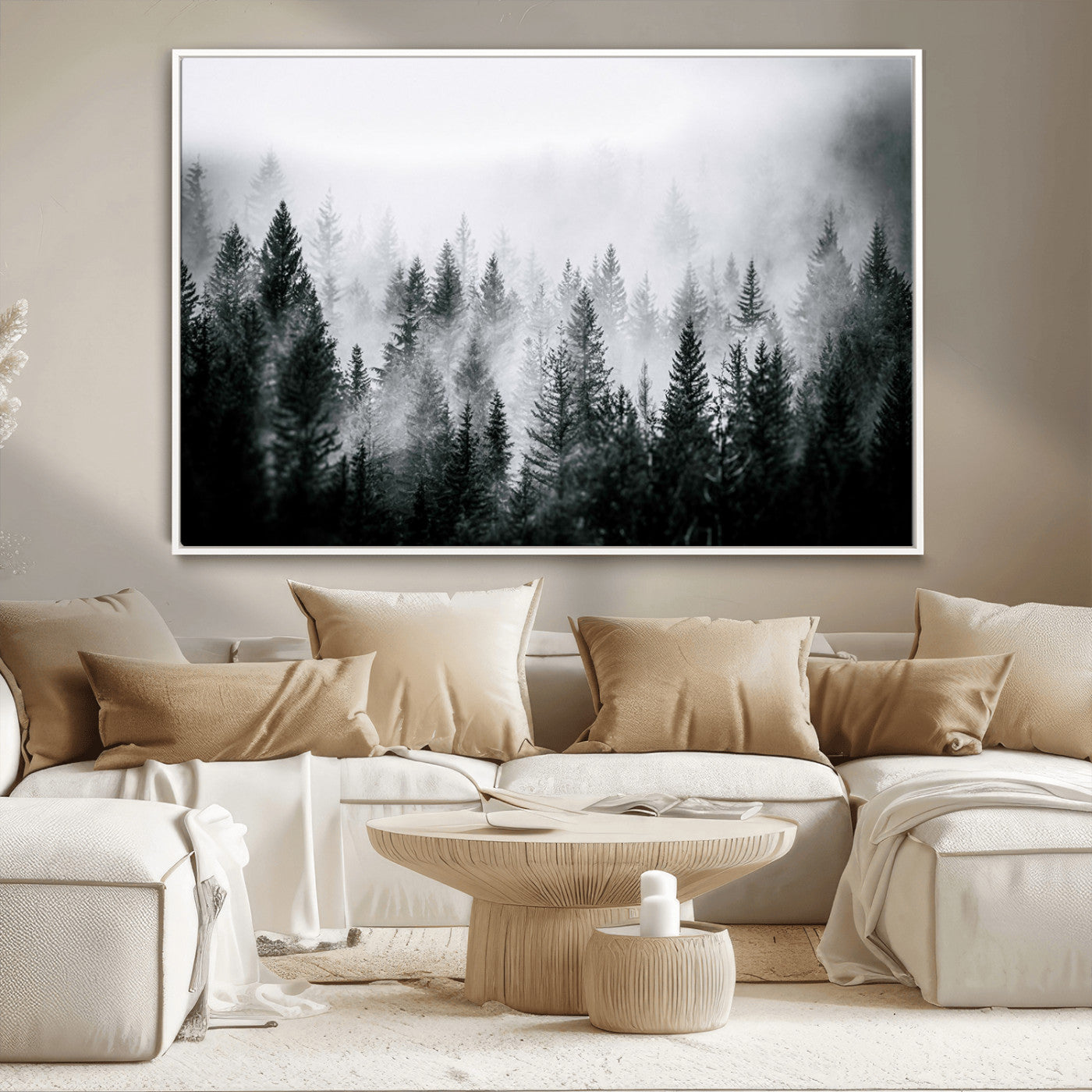 MGV-FC-36X24 - Foggy Pine Forest Canvas Wall Art – Black and White Nature Landscape Print, Horizontal Canvas for