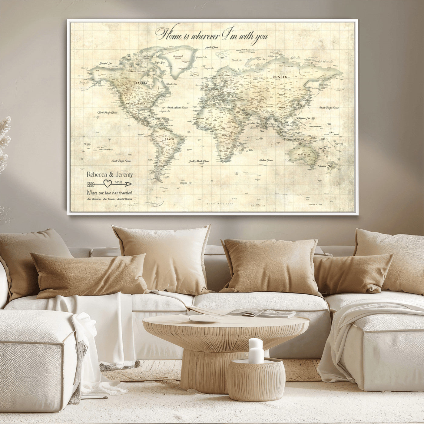 MGV-FC-36X24 - Personalized World Map Wall Art Canvas Print – Custom Push Pin Travel Map for Couples, Families, or Office Décor