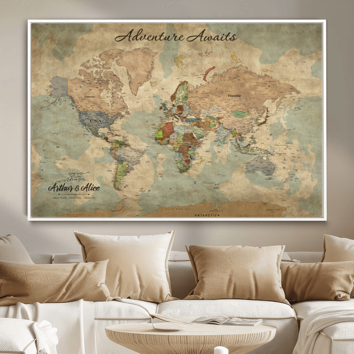 MGV-FC-36X24 - Personalized World Map Wall Art Canvas Print – Custom Push Pin Travel Map for Couples, Families, or Office Décor