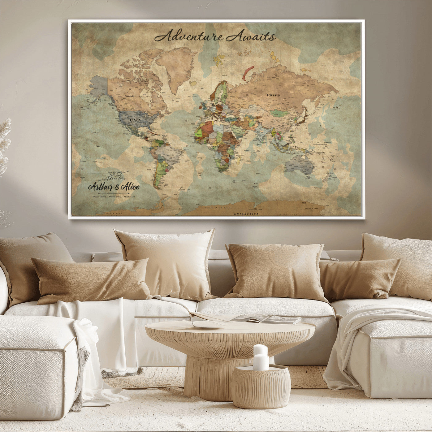 MGV-FC-36X24 - Personalized World Map Wall Art Canvas Print – Custom Push Pin Travel Map for Couples, Families, or Office Décor
