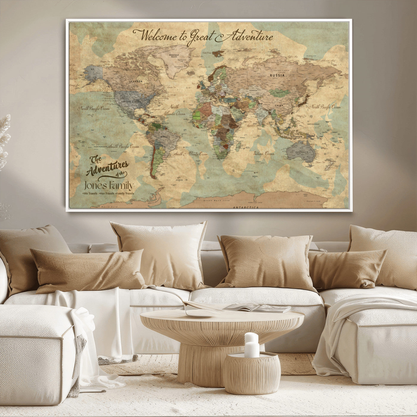 MGV-FC-36X24 - Personalized World Map Wall Art Canvas Print – Custom Push Pin Travel Map for Couples, Families, or Office Décor